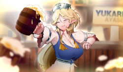 Rule 34 | 1girl, alcohol, ascot, beer, blonde hair, blurry, blush, bracelet, breasts, character name, cleavage, closed eyes, cross, cross earrings, cup, depth of field, earrings, elf, hat, highres, iroha mato, jewelry, midriff, mug, pointy ears, princess connect!, self-upload, yukari (princess connect!)