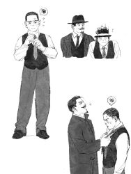 Rule 34 | 2boys, adjusting clothes, adjusting necktie, baggy pants, black eyes, chengongzi123, closed mouth, coat, collared coat, collared shirt, flying sweatdrops, full body, golden kamuy, greyscale, hand on another&#039;s head, hands up, hat, highres, long sleeves, looking at viewer, male focus, monochrome, multiple boys, necktie, pants, scribble, shirt, shoes, simple background, standing, tsukishima hajime, tsurumi tokushirou, tying necktie, vest, white background