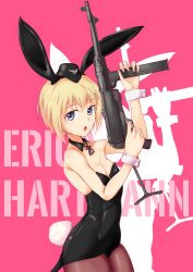 Rule 34 | 1girl, absurdres, animal ears, black pantyhose, blonde hair, blue eyes, blush, breasts, cleavage, erica hartmann, fake animal ears, finger on trigger, highres, leotard, pantyhose, playboy bunny, rabbit ears, short hair, small breasts, solo, strike witches, world witches series