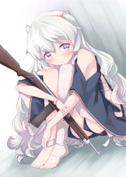 Rule 34 | 1girl, assault rifle, automatic rifle, bandaged leg, bandages, bare shoulders, barefoot, blue dress, blush, closed mouth, commentary request, dress, girls&#039; frontline, grey eyes, gun, hair between eyes, hair ornament, harada (sansei rain), highres, hugging own legs, knees up, long sleeves, off shoulder, ribeyrolles (girls&#039; frontline), ribeyrolles 1918, rifle, silver hair, sitting, solo, weapon, wide sleeves