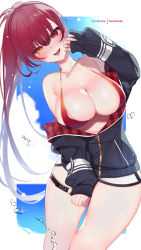 Rule 34 | 1girl, :d, bikini, black jacket, blush, breasts, commentary, dolphin shorts, english commentary, fang, hair between eyes, heart, heart necklace, heterochromia, high ponytail, highres, hololive, houshou marine, houshou marine (summer), jacket, jewelry, large breasts, leaning to the side, long hair, looking at viewer, nanoless, necklace, o-ring, o-ring thigh strap, open mouth, patreon username, ponytail, red bikini, red eyes, red hair, shorts, skin fang, smile, solo, swimsuit, thigh strap, thighs, virtual youtuber, yellow eyes
