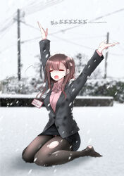 Rule 34 | 1girl, arms up, black jacket, blurry, blurry background, blush, breasts, brown hair, brown pantyhose, bush, business suit, closed eyes, collared shirt, commentary request, crotch seam, crying, facing viewer, fine fabric emphasis, formal, highres, jacket, large breasts, legs, long hair, long sleeves, medium breasts, messy hair, no shoes, office lady, ol-chan (oouso), oouso, original, outdoors, panties, panties under pantyhose, pantyhose, partially translated, pencil skirt, pink panties, pink shirt, power lines, shirt, sitting, skirt, smile, snow on head, snowing, solo, suit, suit jacket, tears, thighs, torn clothes, torn pantyhose, translation request, underwear, wariza