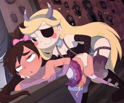 Rule 34 | 1boy, 1girl, anal, blonde hair, blush, brown hair, costume, crossdressing, cum, ejaculation, highres, long hair, male penetrated, marco diaz, merunyaa, pegging, penis, ponytail, smile, star butterfly, star vs the forces of evil, tight clothes, trap, waist grab