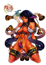 Rule 34 | 10s, 1girl, black hair, bracelet, breasts, choker, cleavage, covered erect nipples, dark-skinned female, dark skin, f.s., feet, fishnet thighhighs, fishnets, gradient hair, green eyes, jewelry, large breasts, luna luna (queen&#039;s blade), midriff, multicolored hair, nail polish, nipples, pearl thong, phallic symbol, queen&#039;s blade, queen&#039;s blade rebellion, revealing clothes, solo, thighhighs, toes, underboob
