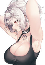 Rule 34 | 1girl, absurdres, alternate costume, armpits, arms behind head, arms up, black collar, black shirt, blush, breasts, cleavage, collar, hair ornament, hair tie in mouth, heart collar, highres, hololive, large breasts, looking away, masi masio, mouth hold, profile, red eyes, sakamata chloe, shirt, silver hair, simple background, sleeveless, sleeveless shirt, solo, tying hair, upper body, virtual youtuber, white background, x hair ornament