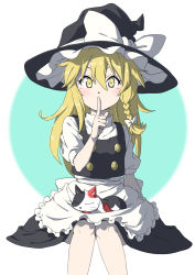 Rule 34 | 1girl, animal, animal on lap, apron, arm up, black hat, black skirt, black vest, blonde hair, blue background, braid, cat, cat on lap, commentary request, feet out of frame, finger to mouth, hair between eyes, hat, hat ribbon, highres, inuno rakugaki, kirisame marisa, knees together feet apart, legs together, long hair, looking at viewer, on lap, puffy short sleeves, puffy sleeves, ribbon, shirt, short sleeves, simple background, single braid, sitting, skirt, solo, touhou, two-tone background, very long hair, vest, waist apron, white background, white shirt, witch hat, yellow eyes