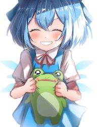 Rule 34 | 1girl, 380u0, absurdres, blue dress, blue hair, cirno, closed eyes, collared shirt, dress, facing viewer, frog, grin, highres, holding, ice, ice wings, pinafore dress, shirt, short hair, short sleeves, simple background, sleeveless dress, smile, solo, touhou, upper body, white background, white shirt, wings