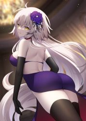 Rule 34 | 1girl, ahoge, ass, back, black gloves, black thighhighs, blurry, blurry background, breasts, choker, dress, elbow gloves, evening gown, fate/grand order, fate (series), floating hair, flower, from below, gloves, hair flower, hair ornament, highres, jeanne d&#039;arc (fate), jeanne d&#039;arc alter (avenger) (fate), jeanne d&#039;arc alter (avenger) (third ascension) (fate), jeanne d&#039;arc alter (fate), large breasts, long hair, looking at viewer, looking back, miko (royal milk), official alternate costume, parted lips, purple dress, purple flower, purple rose, red choker, rose, side slit, skindentation, smile, solo, thighhighs, very long hair, white hair, yellow eyes