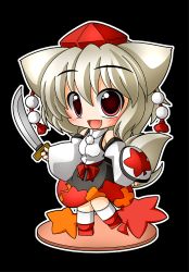 Rule 34 | 1girl, animal ears, bad id, bad pixiv id, bare shoulders, blush, chibi, detached sleeves, fang, faux figurine, female focus, hat, inubashiri momiji, leaf, maple leaf, open mouth, red eyes, shield, shinjitsu, shirt, silver hair, simple background, skirt, smile, solo, sword, tail, touhou, weapon, wolf ears, wolf tail