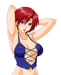 Rule 34 | 1girl, after war gundam x, armpits, arms behind back, arms up, blue eyes, blush, breasts, cleavage, earrings, ennil el, gundam, headband, highres, jewelry, lipstick, makani kohitujito, makeup, midriff, necklace, red hair, short hair