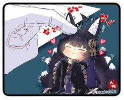 Rule 34 | 1boy, 1girl, :3, ahoge, animal ear fluff, animal ears, azur lane, black hair, blunt bangs, blush, breasts, cleavage, commander (azur lane), commentary, detached sleeves, facial tattoo, fox ears, fox girl, fox tail, fur-trimmed kimono, fur trim, gloves, hair ornament, headpat, heart, japanese clothes, jewelry, kimono, kitsune, kyuubi, long hair, long sleeves, looking at viewer, magatama, magatama necklace, medium breasts, mini person, minigirl, multiple tails, musashi (azur lane), necklace, out of frame, sidelocks, signature, size difference, standing, strapless kimono, tail, taisa (kari), tattoo, twitter username, uniform, white gloves, wide sleeves
