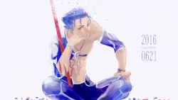 Rule 34 | 1boy, abs, aohiro, blue hair, bodypaint, bracelet, confetti, crescent, crescent necklace, crossed legs, cu chulainn (fate), cu chulainn (fate/stay night), cu chulainn (second ascension) (fate), dated, detached sleeves, fate/grand order, fate/stay night, fate (series), gae bolg (fate), grin, happy birthday, highres, jewelry, looking to the side, male focus, necklace, official alternate costume, pants, red eyes, short hair, simple background, sitting, skin tight, smile, solo, spiked hair, strap, topless male, type-moon, white background