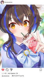 Rule 34 | 1girl, animal ears, black hair, blue bow, blue hair, blue nails, blue shirt, blush, bow, character name, closed mouth, commentary request, cup, daitaku helios (umamusume), disposable cup, drinking straw, hair between eyes, hair ornament, hairclip, heart, highres, holding, holding cup, horse ears, instagram, looking at viewer, masshirokachi, multicolored hair, multicolored nails, nail polish, one side up, orange eyes, paper airplane, school uniform, shirt, smile, solo, speech bubble, star (symbol), star hair ornament, streaked hair, tracen school uniform, translation request, twitter username, umamusume, upper body