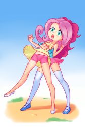 Rule 34 | 2girls, blue footwear, blue shirt, blush, bow, carrying, carrying person, clothes lift, collarbone, drantyno, dress, dress lift, embarrassed, flat chest, fluttershy, grass, green eyes, hasbro, highres, long hair, long sleeves, multiple girls, my little pony, my little pony: equestria girls, my little pony: friendship is magic, navel, open mouth, pink hair, pink shorts, pink skirt, pinkie pie, shirt, shoes, shorts, skirt, sky, sleeveless, sleeveless dress, standing, teeth, thighhighs, underwear, white footwear, white thighhighs, yellow dress