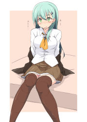 Rule 34 | 10s, 1girl, aqua eyes, aqua hair, blush, breasts, brown jacket, brown skirt, brown thighhighs, commentary request, dress shirt, feet out of frame, hair ornament, hairclip, jacket, kantai collection, knees together feet apart, kugui kiyunemu, long hair, long sleeves, looking at viewer, medium breasts, nervous smile, on bed, parted lips, pink background, pleated skirt, shirt, sitting, skirt, smile, solo, suzuya (kancolle), sweatdrop, thighhighs, translated, white shirt