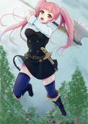 Rule 34 | 1girl, axe, dynamic pose, fire emblem, fire emblem: three houses, garreg mach monastery uniform, highres, hilda valentine goneril, holding, holding weapon, incoming attack, long hair, looking at viewer, nintendo, open mouth, outdoors, pink hair, red eyes, ruten moga00, solo, thighhighs, thighs, tree, twintails, weapon, zettai ryouiki