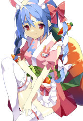 Rule 34 | 1girl, absurdres, animal ear fluff, animal ears, apron, blue hair, bow, braid, carrot hair ornament, closed mouth, commentary request, eyebrows hidden by hair, feet out of frame, food-themed hair ornament, frilled apron, frilled thighhighs, frills, hair between eyes, hair bow, hair ornament, hamada pengin, highres, hololive, japanese clothes, kimono, knee up, multicolored hair, obi, pink kimono, pleated skirt, puffy short sleeves, puffy sleeves, rabbit ears, red bow, red eyes, red skirt, sash, short eyebrows, short sleeves, skirt, smile, solo, thick eyebrows, thighhighs, twin braids, twintails, two-tone hair, usada pekora, virtual youtuber, waist apron, white apron, white bow, white hair, white thighhighs
