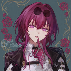 1girl black_jacket chest_harness collared_shirt eyewear_on_head finger_to_mouth flower glasses gloves hair_intakes harness highres honkai:_star_rail honkai_(series) jacket kafka_(honkai:_star_rail) long_hair looking_at_viewer mizuhashisuika parted_lips pince-nez purple_eyes purple_gloves purple_hair red_flower red_rose rose shirt shushing solo spider_web_print upper_body white_shirt