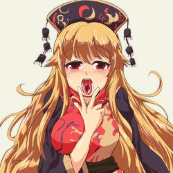 Rule 34 | 1girl, between breasts, black dress, blonde hair, breasts, chinese clothes, chocolate, crescent moon, dress, hat, highres, incoming kiss, junko (touhou), kaabon meshi, long hair, long sleeves, moon, open mouth, red eyes, saliva, sash, solo, tabard, touhou, very long hair