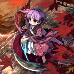 Rule 34 | 1girl, afloat, ahoge, autumn leaves, barefoot, blush, bowl, closed mouth, full body, glowing, glowing weapon, highres, in bowl, in container, japanese clothes, kimono, leaf, leaf print, legs apart, long sleeves, looking afar, maple leaf, needle, obi, outdoors, purple hair, red eyes, red kimono, river, rock, sash, short hair, solo, standing, sukuna shinmyoumaru, syope, tareme, touhou, tsurime, water, weapon, wide sleeves