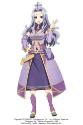 Rule 34 | 1girl, arksign, boots, bottle, breasts, brooch, covered erect nipples, detached sleeves, dress, full body, grey (arksign), hand on own hip, hat, highres, jewelry, kimura shigetaka, light purple hair, long hair, medium breasts, official art, pouch, red eyes, simple background, solo, wavy hair, white background