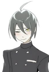 Rule 34 | 1boy, ahoge, black hair, blush, commentary, danganronpa (series), danganronpa v3: killing harmony, highres, kyandii, male focus, one eye closed, saihara shuichi, short hair, smile, solo, yellow eyes