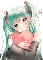 Rule 34 | 1girl, 723/nanahumi, black sleeves, blush, commentary request, detached sleeves, green eyes, green hair, hatsune miku, head tilt, heart, heart-shaped pillow, highres, long hair, long sleeves, looking at viewer, hugging object, parted lips, pillow, pillow hug, simple background, solo, twintails, upper body, vocaloid, white background, wide sleeves