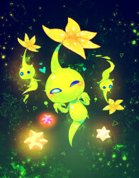 Rule 34 | ^ ^, arms up, black background, blue eyes, blush stickers, closed eyes, colored skin, commentary request, flower, ghost pose, ghost tail, glow pikmin, glowing, green skin, heart, highres, nintendo, no humans, outstretched arms, petals, pikmin (creature), pikmin (series), pikmin 4, shirushiki, solid circle eyes, star bit, straight-on, triangle, upside-down, yellow flower