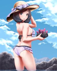 Rule 34 | 1girl, ass, back, bare arms, bare shoulders, bikini, black hair, breasts, cloud, creatures (company), day, frills, from behind, game freak, gen 7 pokemon, grey eyes, hat, highres, looking at viewer, medium breasts, mk (mikka), nintendo, open mouth, partially submerged, pokemon, pokemon (creature), pokemon sm, pyukumuku, rock, selene (pokemon), short hair, sky, solo, standing, straw hat, swimsuit, thighs, water