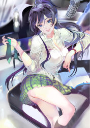 Rule 34 | 119, 1girl, black hair, blue eyes, bottle, breasts, cleavage, collarbone, cushion, dog tags, dress shirt, earrings, green necktie, hair between eyes, high ponytail, highres, holding necktie, idol, idolmaster, idolmaster shiny colors, jewelry, large breasts, long hair, necktie, open mouth, plaid, plaid skirt, pleated skirt, ponytail, school uniform, see-through, shirase sakuya, shirt, sitting, skirt, solo, tongue, tongue out, water bottle, white shirt