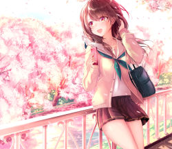 Rule 34 | :d, against railing, bag, black skirt, braid, brown eyes, brown hair, brown sweater, cardigan, carrying, cellphone, cherry blossoms, cowboy shot, day, green neckerchief, hair tie, hand in own hair, haruka natsuki, holding, holding phone, leaning back, light particles, long hair, looking to the side, miniskirt, neckerchief, open cardigan, open clothes, open mouth, original, outdoors, petals, phone, pink theme, pleated skirt, railing, school bag, school uniform, serafuku, skirt, smartphone, smile, solo, striped clothes, striped skirt, stuffed animal, stuffed rabbit, stuffed toy, sweater, wind
