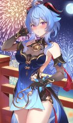 Rule 34 | 1girl, absurdres, ahoge, bare shoulders, black dress, black gloves, blue dress, blue hair, breasts, commentary request, detached sleeves, dress, fireworks, ganyu (genshin impact), ganyu (twilight blossom) (genshin impact), genshin impact, gloves, goat horns, highres, horns, long hair, long sleeves, looking at viewer, medium breasts, official alternate costume, parted lips, purple eyes, sleeveless, solo, thighs, vic 1223