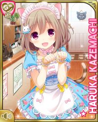 Rule 34 | 1girl, animal ears, apron, blue dress, blush, bow, brown hair, cafe, cat ears, cat hair ornament, cat tail, character name, dress, fake animal ears, fake tail, girlfriend (kari), hair ornament, indoors, kazemachi haruka, looking at viewer, official art, open mouth, pink bow, pink eyes, qp:flapper, short hair, smile, solo, tagme, tail, white apron, white headdress, yellow bow