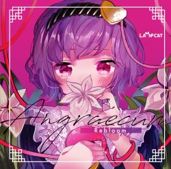 Rule 34 | 1girl, album cover, black hairband, blouse, blue shirt, blush, cover, covered mouth, fingernails, flower, frilled shirt collar, frills, hair ornament, hairband, hands up, heart, heart hair ornament, highres, komeiji satori, leaf, looking at viewer, nail polish, orchid, pink eyes, pink flower, portrait, purple background, purple hair, red nails, shirt, short hair, simple background, solo, striped clothes, striped hairband, tamagogayu1998, third eye, touhou