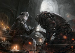 Rule 34 | 1girl, 2017, alcd, arch, arm at side, arm wrap, armor, artist name, ashen one (dark souls 3), belt, belt buckle, bent over, black cape, black dress, breasts, buckle, candle, candlelight, cape, closed mouth, commentary, covered eyes, dark souls (series), dark souls i, dark souls iii, dress, fire keeper, from below, from side, full armor, gauntlets, glowing, grey hair, hand on own chest, highres, holding, holding sword, holding weapon, jewelry, kneeling, knight, leaning forward, long dress, long hair, mask, medium breasts, necklace, outstretched hand, pale skin, pauldrons, sheath, sheathed, short sword, shoulder armor, sitting, sword, unsheathed, weapon