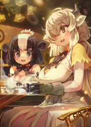 2girls :d absurdres animal_ears bare_shoulders black_eyes black_hair breasts brown_eyes chandelier cleavage commentary commission cow_ears cup dress gloves hair_over_one_eye highres holstein_friesian_cattle_(kemono_friends) horns indoors kemono_friends large_breasts long_hair low_ponytail melaton multicolored_hair multiple_girls open_mouth ox_ears short_hair short_sleeves sitting smile split-color_hair steam table two-tone_hair white_dress white_gloves yak_(kemono_friends)