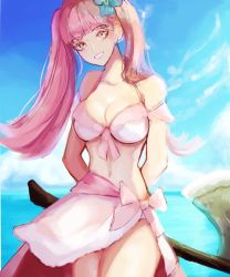 Rule 34 | 1girl, absurdres, arms behind back, axe, bikini, breasts, cleavage, fire emblem, fire emblem: three houses, grin, highres, hilda valentine goneril, holding, holding axe, large breasts, lazeuli, long hair, looking at viewer, matching hair/eyes, navel, nintendo, pink bikini, pink eyes, pink hair, smile, solo, standing, swimsuit, twintails