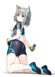 Rule 34 | 1girl, absurdres, animal ear fluff, animal ears, ass, bike jersey, bike shorts, blue archive, blue eyes, blush, bottle, breasts, cat ears, closed mouth, cross hair ornament, cycling uniform, extra ears, gloves, green gloves, grey hair, hair ornament, highres, holding, holding bottle, kneeling, looking at viewer, looking back, medium breasts, medium hair, mismatched pupils, official alternate costume, shiroko (blue archive), shiroko (cycling) (blue archive), shoes, short hair, short sleeves, shorts, simple background, sneakers, socks, solo, sweat, water bottle, white background, x hair ornament, zhanzheng zi