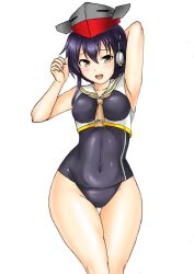 Rule 34 | asymmetrical hair, black hair, black one-piece swimsuit, breast cutout, breasts, brown neckerchief, cowboy shot, framed breasts, hair between eyes, headphones, i-14 (kancolle), kantai collection, kudou (ooabareteng), neckerchief, one-piece swimsuit, sailor collar, school swimsuit, simple background, small breasts, swimsuit, swimsuit under clothes, white background, white sailor collar