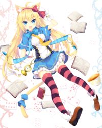 Rule 34 | 1girl, :d, ahoge, animal ears, black thighhighs, blonde hair, blue eyes, blush, book, bow, bowtie, capelet, card, cat ears, cat girl, cat tail, checkered bow, checkered clothes, clock, cup, eyebrows, fang, female focus, full body, gem, gloves, hair between eyes, hair bow, hairband, hat, hat bow, highres, ink, long hair, looking at viewer, necktie, nibiiro shizuka, open book, open mouth, original, petticoat, playing card, pocket watch, red bow, red thighhighs, ribbon, shoe soles, shoes, skirt, smile, solo, striped clothes, striped thighhighs, tail, text focus, thighhighs, tooth, watch, white gloves, wristband, yellow necktie, zettai ryouiki