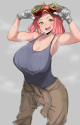 Rule 34 | 1girl, :d, armpits, blush, boku no hero academia, breasts, cleavage, clothes around waist, gloves, goggles, goggles on head, green eyes, hatsume mei, highres, hyuuman, large breasts, looking at viewer, navel, open mouth, pink hair, smile, solo, sweat, symbol-shaped pupils, tank top, teeth, white gloves