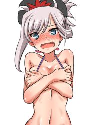 Rule 34 | 1girl, ayuayu (shouyu no sato), bare shoulders, bikini, blue eyes, blush, breasts, covering privates, covering breasts, embarrassed, fate/grand order, fate (series), long hair, looking at viewer, medium breasts, miyamoto musashi (fate), navel, open mouth, purple bikini, silver hair, simple background, solo, swimsuit, upper body, white background