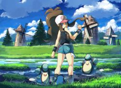 Rule 34 | 1girl, bad id, bad twitter id, baseball cap, black vest, black wristband, brown hair, cloud, commentary request, creatures (company), day, denim, denim shorts, floating hair, game freak, gen 5 pokemon, grass, hand up, hat, hilda (pokemon), long hair, looking back, looking down, nintendo, open mouth, outdoors, palpitoad, pokemon, pokemon (creature), pokemon bw, rowdon, shorts, sidelocks, sky, standing, tongue, tree, vest, water, windmill, wristband
