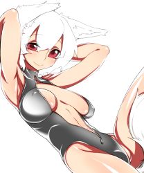 Rule 34 | 1girl, animal ears, armpits, arms behind back, blush, breasts, breasts apart, covered erect nipples, female focus, front zipper swimsuit, inubashiri momiji, kaminari, large breasts, looking at viewer, meme attire, midriff, navel, one-piece swimsuit, partially visible vulva, red eyes, sagging breasts, short hair, silver hair, simple background, smile, solo, swimsuit, tail, touhou, white background, wolf ears, wolf tail