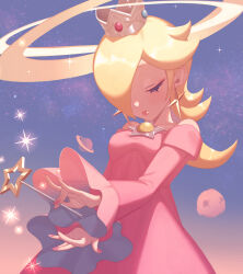 Rule 34 | 1girl, asteroid, bare shoulders, blonde hair, brooch, closed eyes, closed mouth, collarbone, crown, dress, earrings, eyelashes, fingernails, frilled sleeves, frills, gem, hair over one eye, hands up, highres, holding, holding wand, jewelry, lips, long hair, long sleeves, mario (series), mini crown, miri (cherryjelly), nail polish, nintendo, off-shoulder dress, off shoulder, one eye covered, parted bangs, pink dress, pink nails, planet, rosalina, sidelocks, solo, space, sparkle, star (sky), star (symbol), star earrings, star wand, super smash bros., swept bangs, wand, wide sleeves