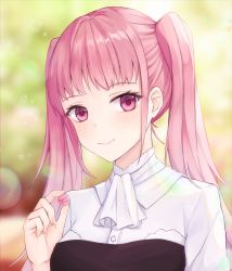 Rule 34 | 1girl, absurdres, ascot, blurry, blurry background, blush, candy, closed mouth, dress shirt, dyamong042, female focus, fire emblem, fire emblem: three houses, food, highres, hilda valentine goneril, holding, long hair, looking at viewer, matching hair/eyes, nintendo, pink eyes, pink hair, shirt, smile, solo, turtleneck, twintails, upper body, white ascot, white shirt