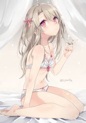 Rule 34 | 1girl, bare legs, barefoot, bow, bow panties, bra, breasts, cleavage, fate (series), grey hair, hair ribbon, twirling hair, illyasviel von einzbern, light brown hair, long hair, looking at viewer, nail polish, navel, one side up, panties, pink eyes, ribbon, ribbon-trimmed bra, shijima (sjmr02), sitting, small breasts, solo, underwear, underwear only, wariza, white bra, white panties