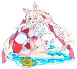 Rule 34 | 1girl, anchor, animal ears, arm up, barefoot, between legs, bikini, breasts, cleavage, commentary request, copyright request, frilled bikini, frills, hair ribbon, hand between legs, highres, kirschma, lifebuoy, long hair, looking at viewer, medium breasts, multi-strapped bikini, multicolored eyes, one eye closed, open mouth, orange eyes, pink ribbon, purple eyes, ribbon, salute, sitting, solo, swim ring, swimsuit, tail, wariza, white background, white bikini, white hair