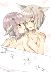 Rule 34 | 2girls, animal ears, au ra, warrior of light (ff14), blue eyes, blush, breasts, cat ears, character request, collarbone, commentary request, eye contact, feathers, final fantasy, final fantasy xiv, fingernails, hand on another&#039;s shoulder, hand up, heterochromia, looking at another, medium breasts, midorikawa you, miqo&#039;te, multiple girls, nude, parted lips, pink hair, purple eyes, silver hair, simple background, stick figure, sweat, translation request, white background, yuri