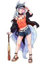 Rule 34 | 1girl, absurdres, animal ear fluff, animal ears, arm up, baseball bat, baseball cap, belt, black jacket, blowing bubbles, blue hair, blush, breasts, camisole, chewing gum, choker, denim, denim shorts, duther altyn, feet, fox ears, fox girl, fox tail, full body, hand on headwear, hat, heterochromia, highres, indie virtual youtuber, jacket, large breasts, legs, long hair, looking at viewer, midriff, nail polish, navel, off shoulder, sandals, short shorts, shorts, solo, standing, strap slip, tail, tange kotoe, thighs, toes, very long hair, virtual youtuber